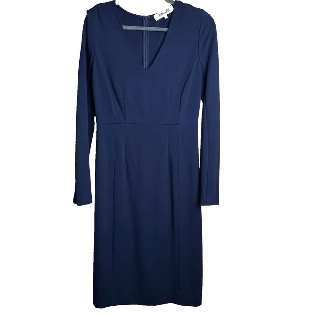 Diane Von Furstenburg Milena Sheath Cocktail Dress Long Sleeve Midi Navy Blue 10